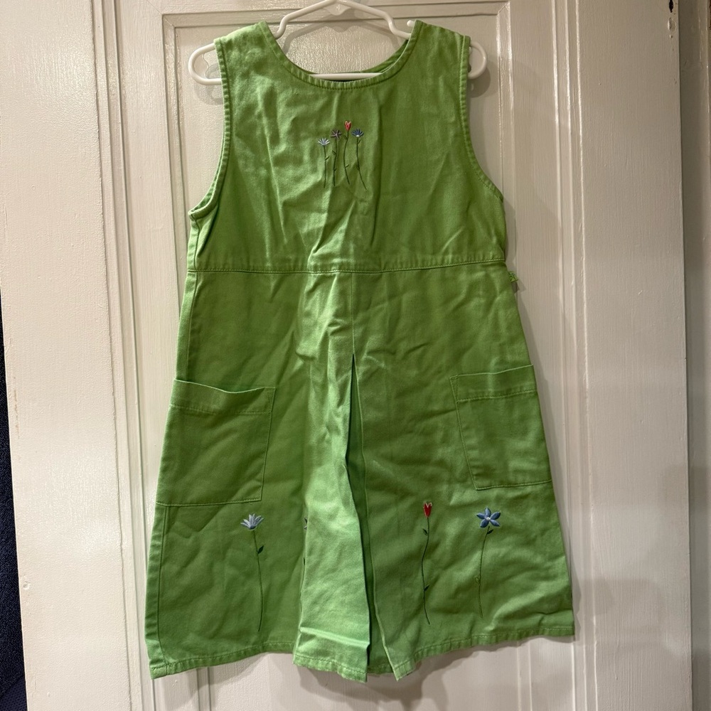 Vintage McKids Green Sleeveless Dress with Floral Embroidery, size 7